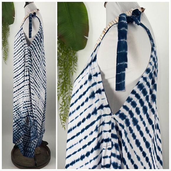 The Pō`alima Romper Blue/White V-Neck V Back Shoulder Tie  Boho Gypsy  Wide Leg - Picture 6 of 15